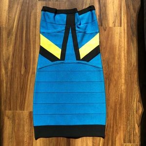 Body Con Bandage Party Dress - blue black yellow